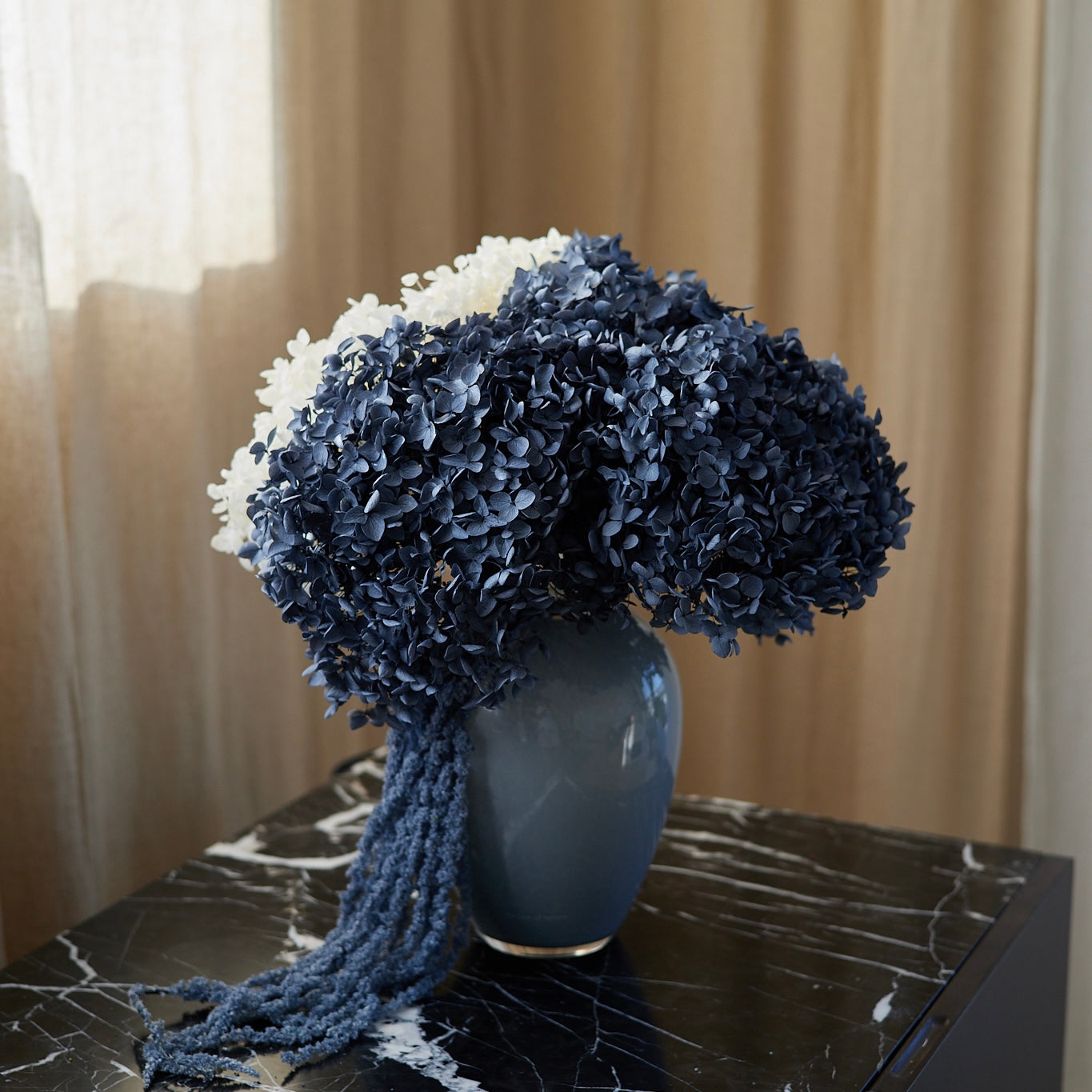 Preserved Hydrangeas & Amaranthus Set in Glass Vase - Dark Blue