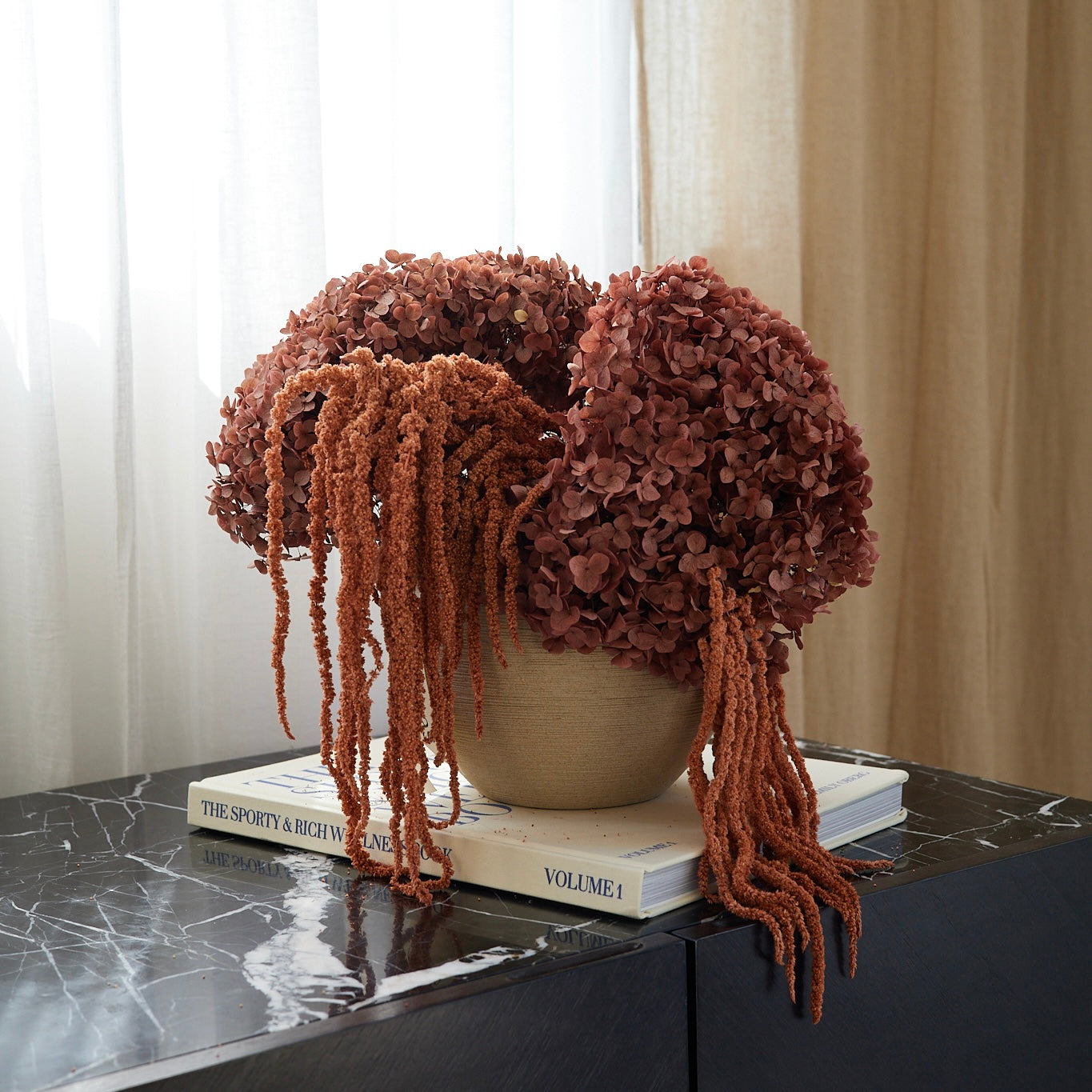 Preserved Hydrangeas & Amaranthus Set in Low Round Vase - Brown