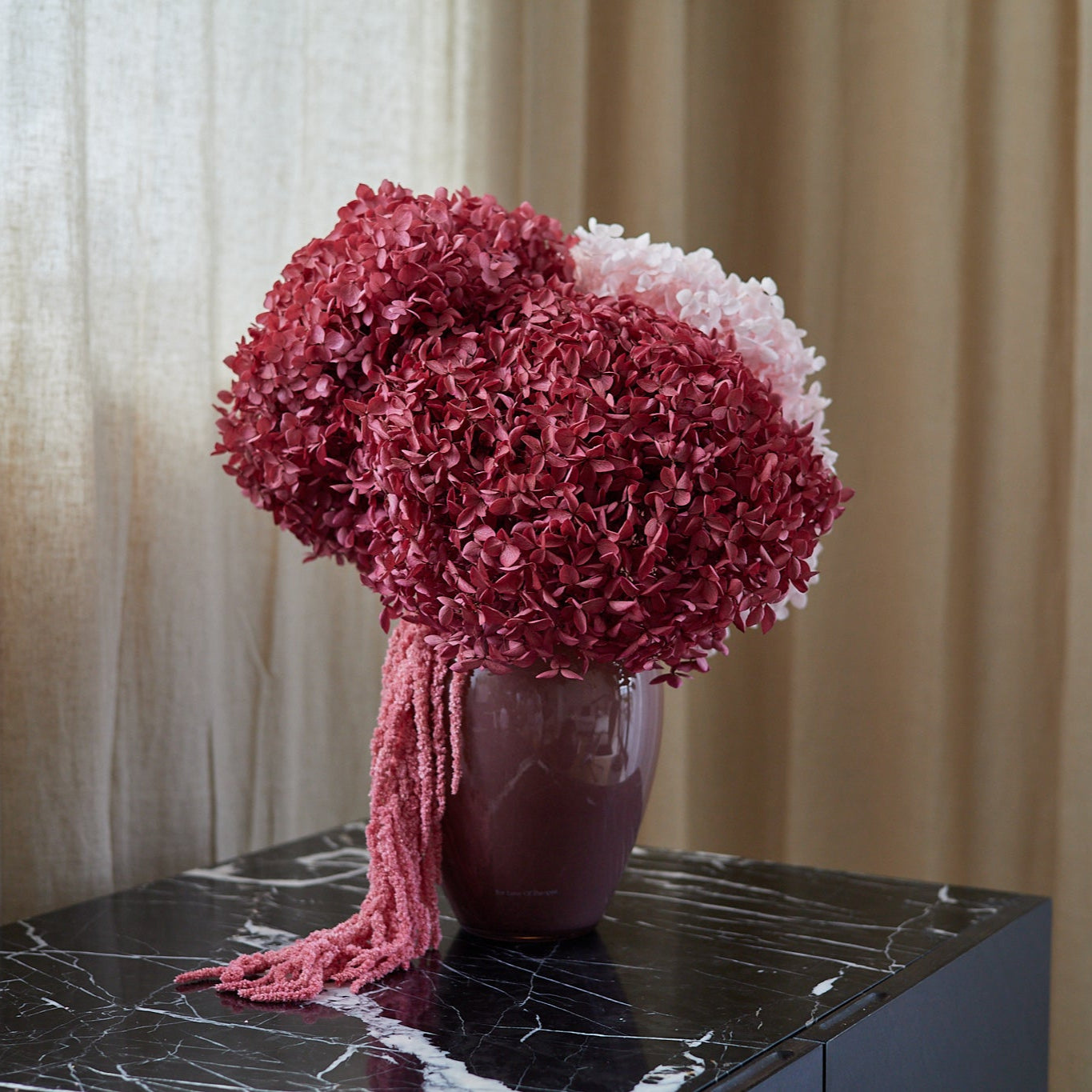 Preserved Hydrangeas & Amaranthus Set in Glass Vase - Burgundy