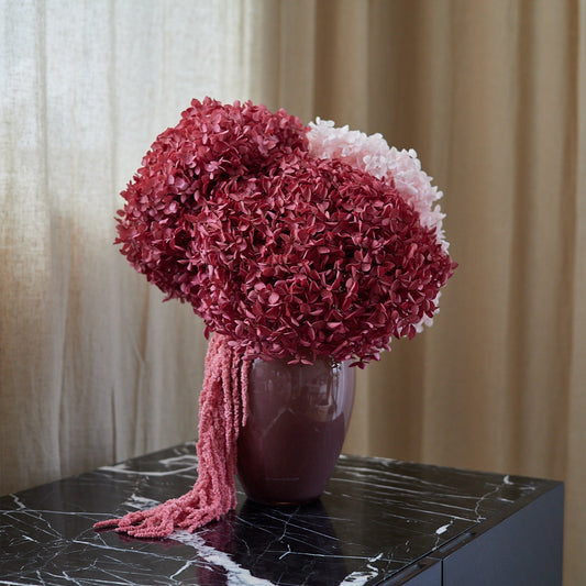 Preserved Hydrangeas & Amaranthus Set in Glass Vase - Burgundy