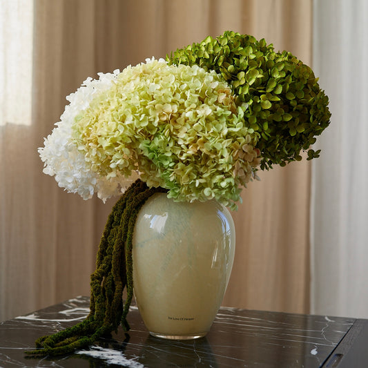 Preserved Hydrangeas & Amaranthus Set in Glass Vase - Green