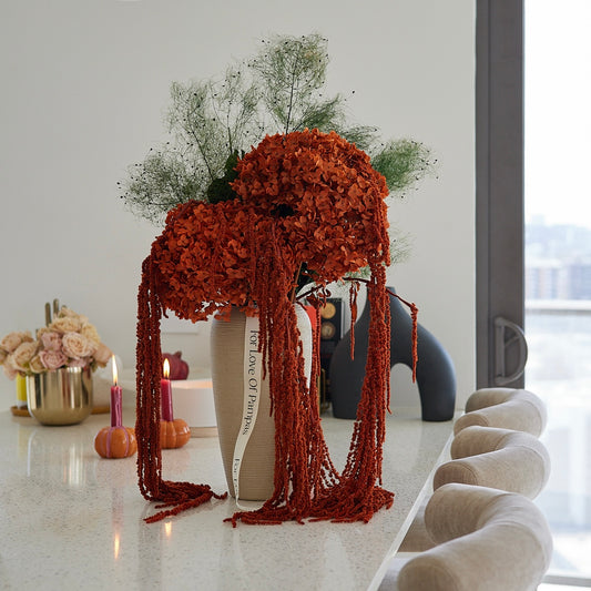 Preserved Hydrangeas & Amaranthus Set in Vase - Burnt Orange