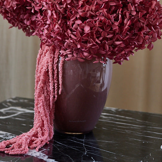Preserved Hydrangeas & Amaranthus Set in Glass Vase - Burgundy
