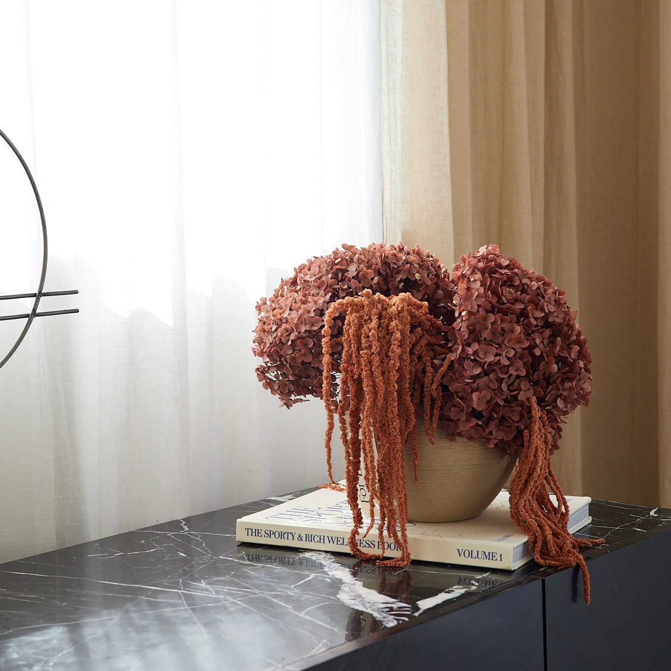 Preserved Hydrangeas & Amaranthus Set in Low Round Vase - Brown