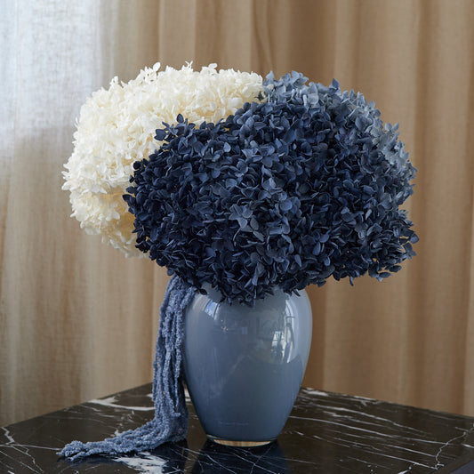 Preserved Hydrangeas & Amaranthus Set in Glass Vase - Dark Blue