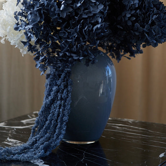 Preserved Hydrangeas & Amaranthus Set in Glass Vase - Dark Blue