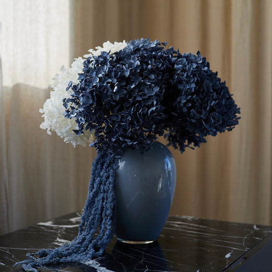 Preserved Hydrangeas & Amaranthus Set in Glass Vase - Dark Blue