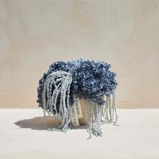 Preserved Hydrangeas & Amaranthus Set in Low Round Vase - Blue