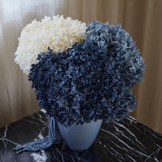 Preserved Hydrangeas & Amaranthus Set in Glass Vase - Dark Blue