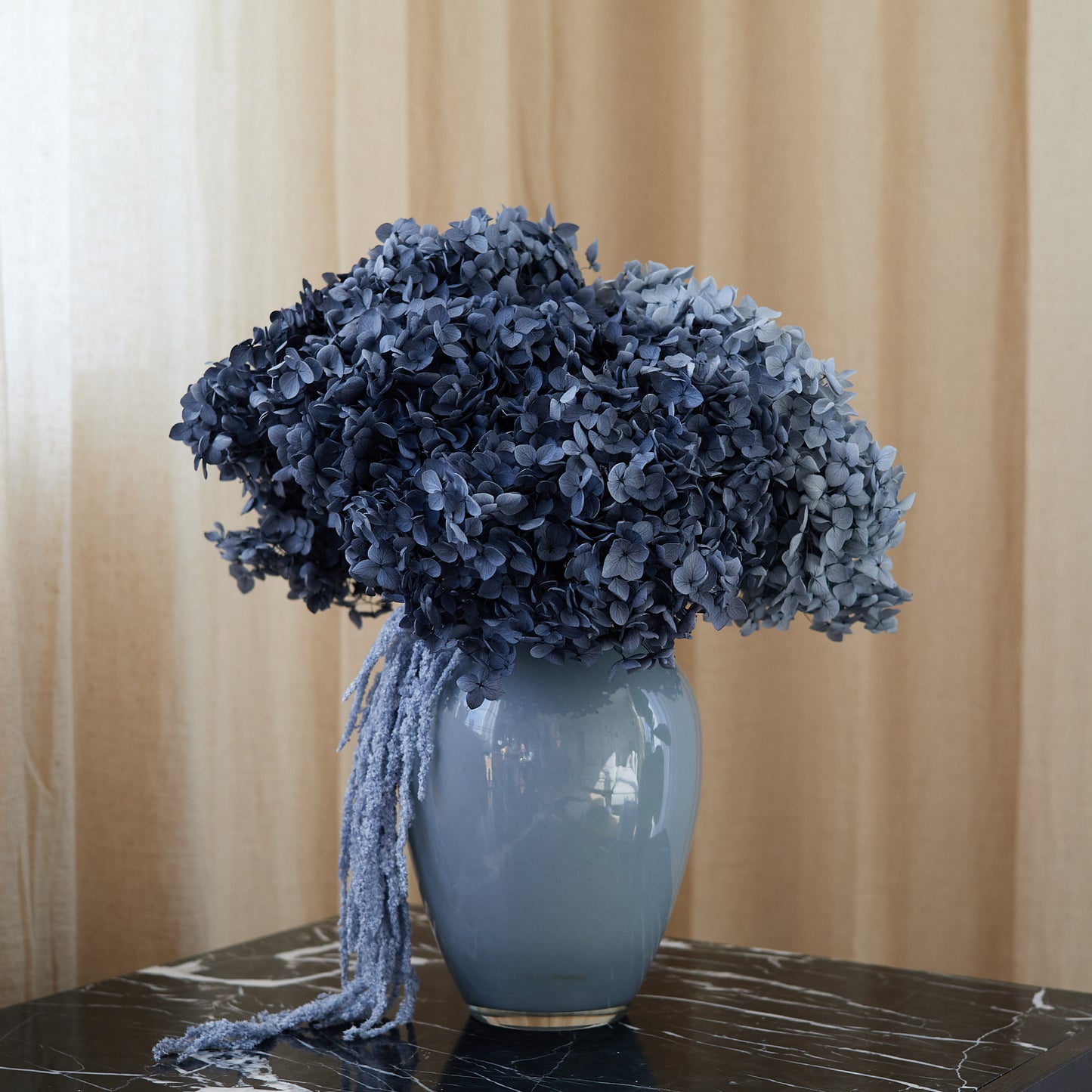 Preserved Hydrangeas & Amaranthus Set in Glass Vase - Dark Blue